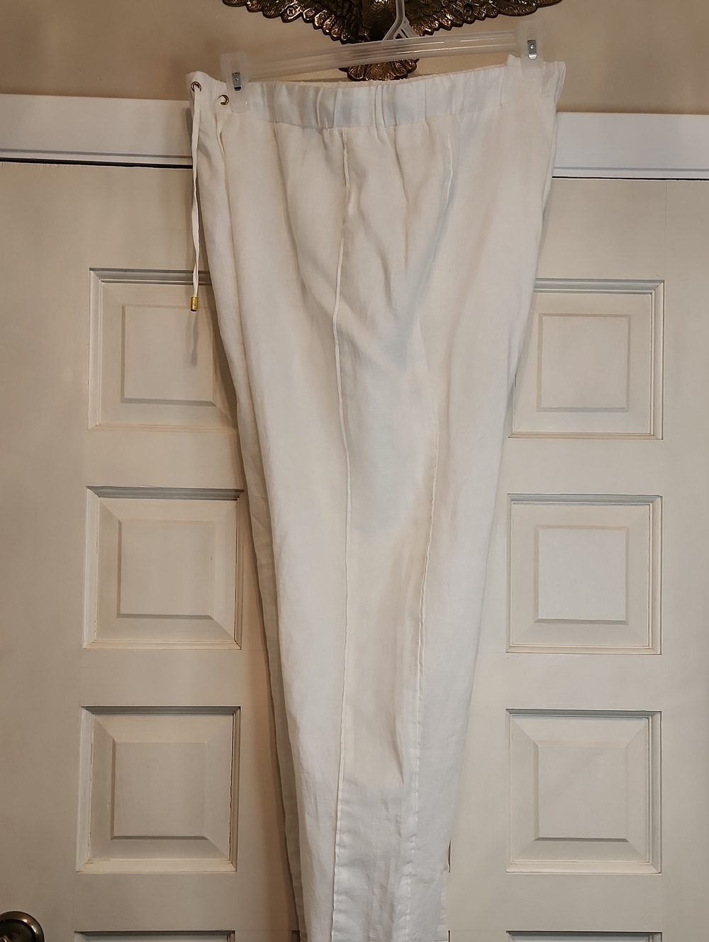 ELLEN TRACY 100% LINEN XL White BRASS TAB Drawstring Pants